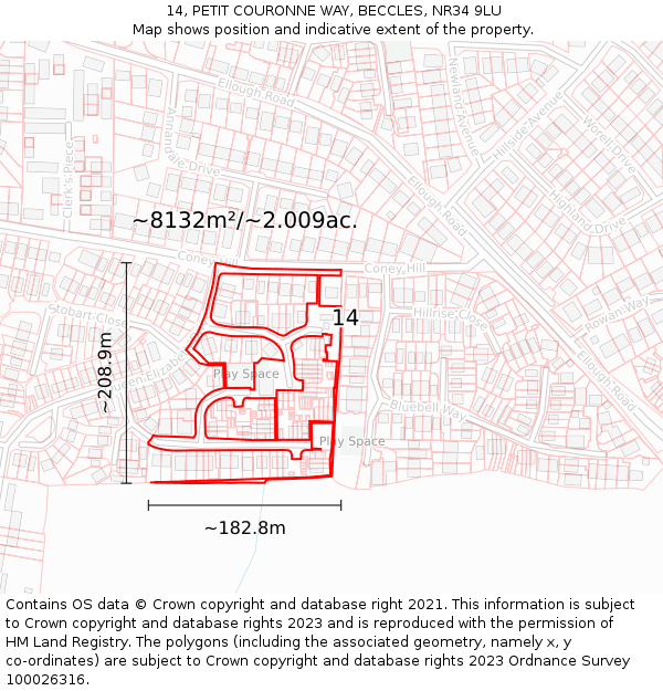 14, PETIT COURONNE WAY, BECCLES, NR34 9LU: Plot and title map