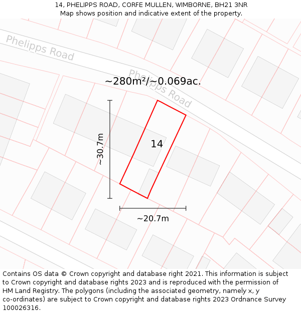 14, PHELIPPS ROAD, CORFE MULLEN, WIMBORNE, BH21 3NR: Plot and title map