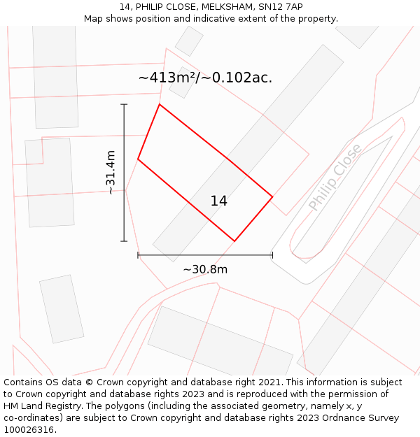 14, PHILIP CLOSE, MELKSHAM, SN12 7AP: Plot and title map