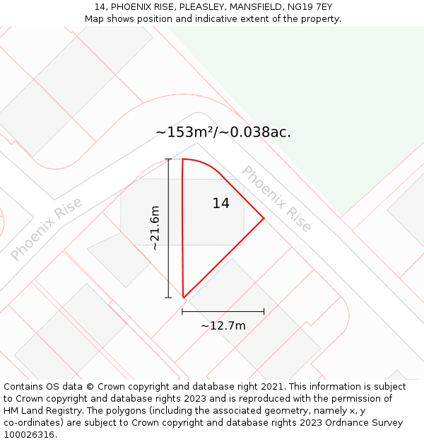 14, PHOENIX RISE, PLEASLEY, MANSFIELD, NG19 7EY: Plot and title map