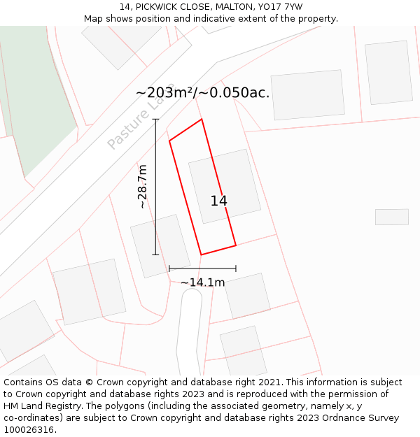 14, PICKWICK CLOSE, MALTON, YO17 7YW: Plot and title map
