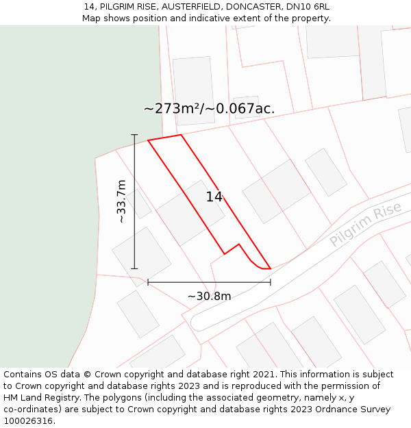 14, PILGRIM RISE, AUSTERFIELD, DONCASTER, DN10 6RL: Plot and title map