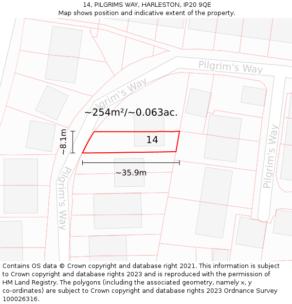 14, PILGRIMS WAY, HARLESTON, IP20 9QE: Plot and title map