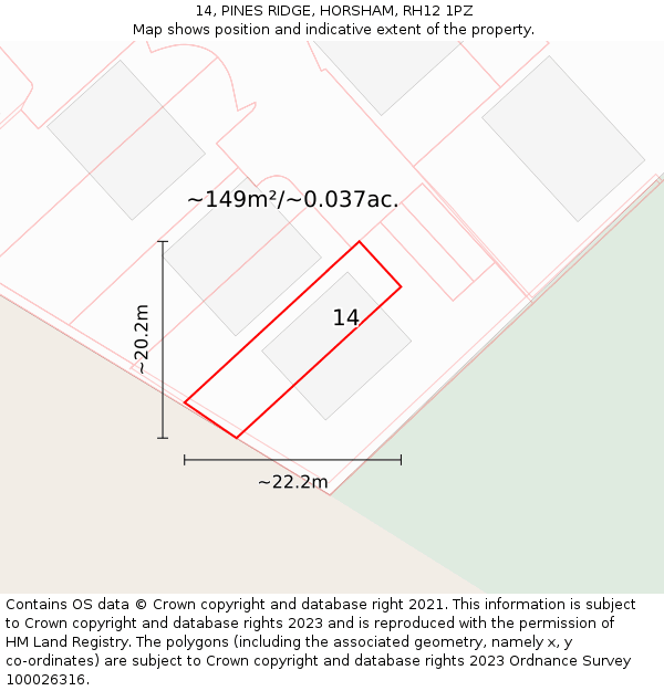 14, PINES RIDGE, HORSHAM, RH12 1PZ: Plot and title map