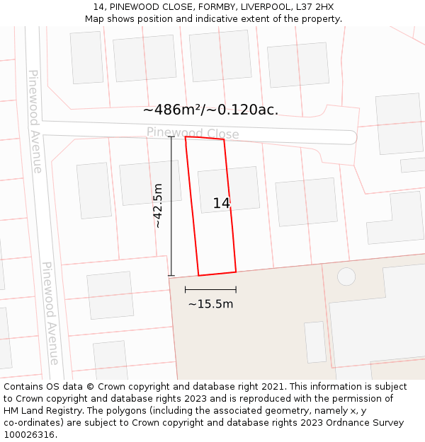 14, PINEWOOD CLOSE, FORMBY, LIVERPOOL, L37 2HX: Plot and title map