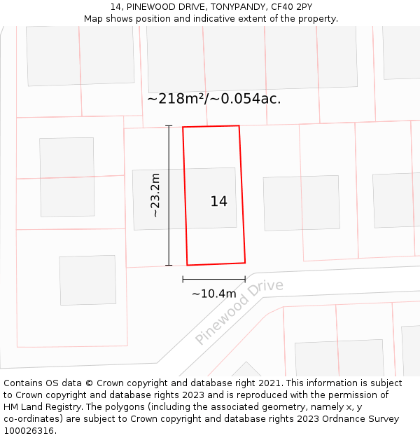 14, PINEWOOD DRIVE, TONYPANDY, CF40 2PY: Plot and title map