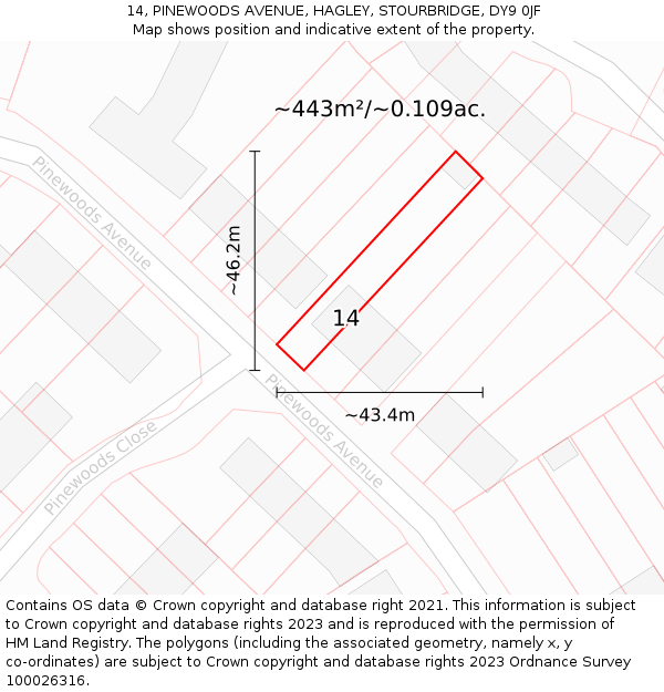 14, PINEWOODS AVENUE, HAGLEY, STOURBRIDGE, DY9 0JF: Plot and title map