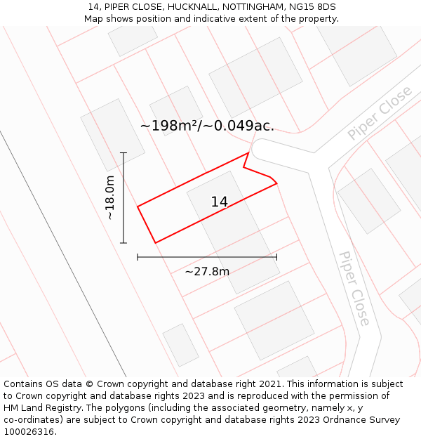 14, PIPER CLOSE, HUCKNALL, NOTTINGHAM, NG15 8DS: Plot and title map