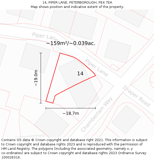 14, PIPER LANE, PETERBOROUGH, PE4 7EA: Plot and title map