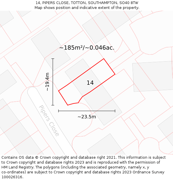 14, PIPERS CLOSE, TOTTON, SOUTHAMPTON, SO40 8TW: Plot and title map