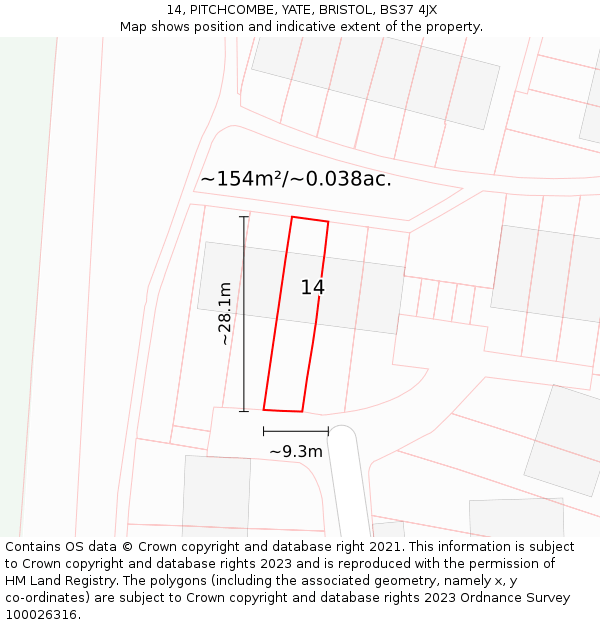 14, PITCHCOMBE, YATE, BRISTOL, BS37 4JX: Plot and title map