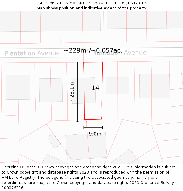 14, PLANTATION AVENUE, SHADWELL, LEEDS, LS17 8TB: Plot and title map