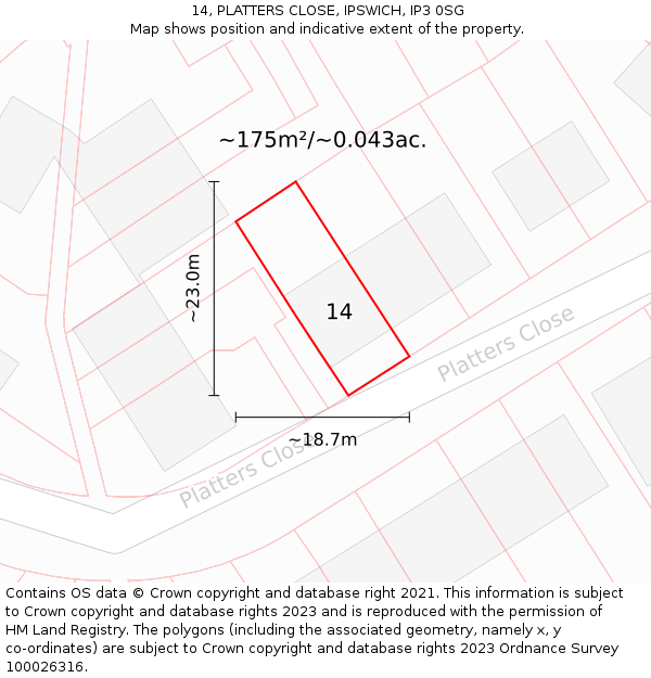 14, PLATTERS CLOSE, IPSWICH, IP3 0SG: Plot and title map