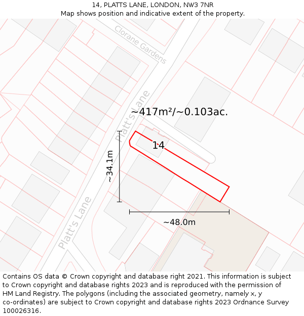 14, PLATTS LANE, LONDON, NW3 7NR: Plot and title map