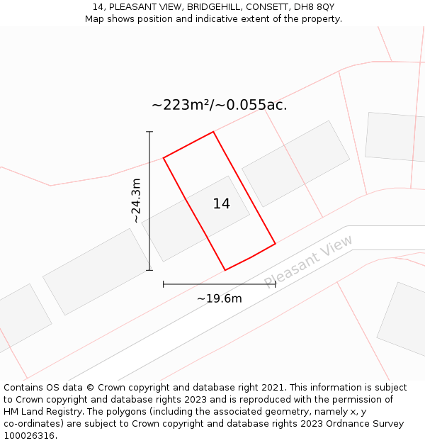 14, PLEASANT VIEW, BRIDGEHILL, CONSETT, DH8 8QY: Plot and title map