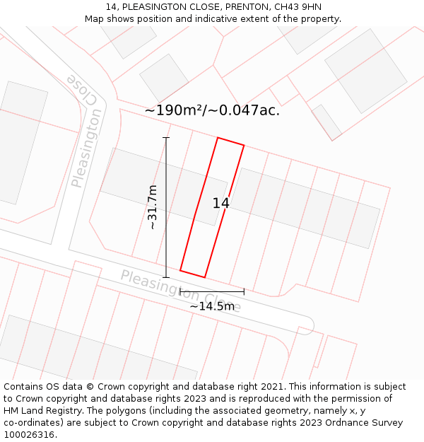 14, PLEASINGTON CLOSE, PRENTON, CH43 9HN: Plot and title map