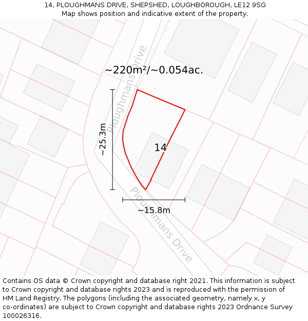 14, PLOUGHMANS DRIVE, SHEPSHED, LOUGHBOROUGH, LE12 9SG: Plot and title map