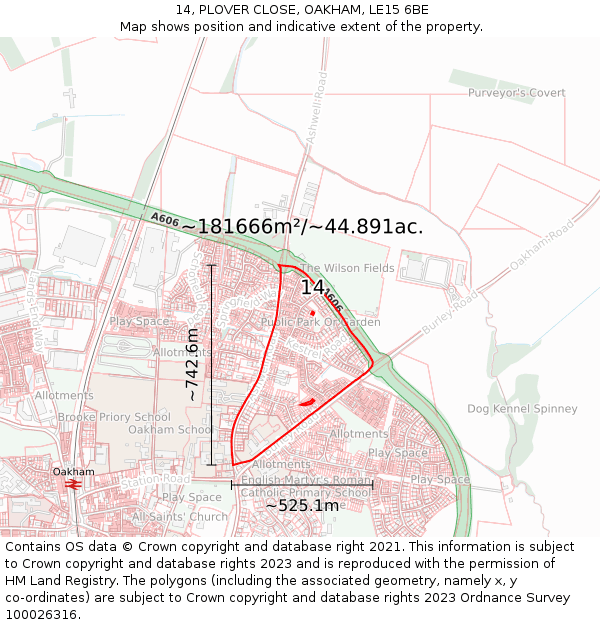 14, PLOVER CLOSE, OAKHAM, LE15 6BE: Plot and title map