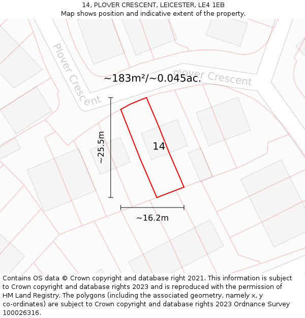 14, PLOVER CRESCENT, LEICESTER, LE4 1EB: Plot and title map