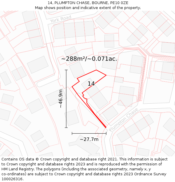 14, PLUMPTON CHASE, BOURNE, PE10 0ZE: Plot and title map