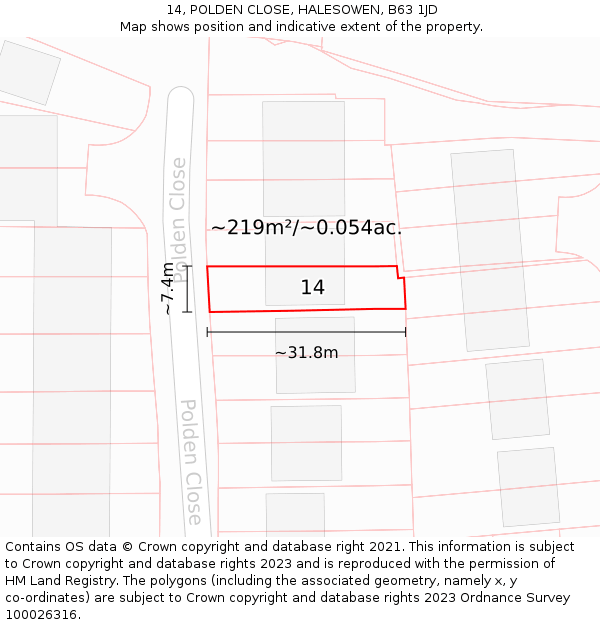14, POLDEN CLOSE, HALESOWEN, B63 1JD: Plot and title map