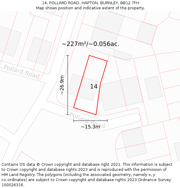 14, POLLARD ROAD, HAPTON, BURNLEY, BB12 7FH: Plot and title map