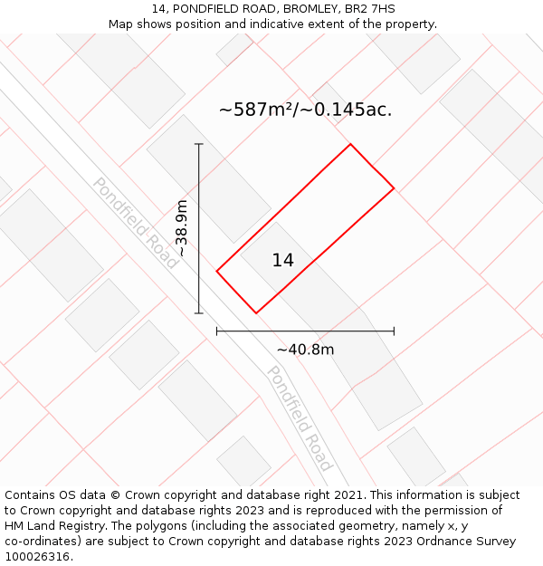 14, PONDFIELD ROAD, BROMLEY, BR2 7HS: Plot and title map