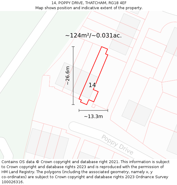 14, POPPY DRIVE, THATCHAM, RG18 4EF: Plot and title map