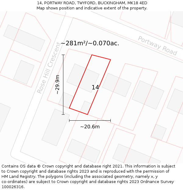 14, PORTWAY ROAD, TWYFORD, BUCKINGHAM, MK18 4ED: Plot and title map