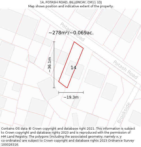 14, POTASH ROAD, BILLERICAY, CM11 1DJ: Plot and title map