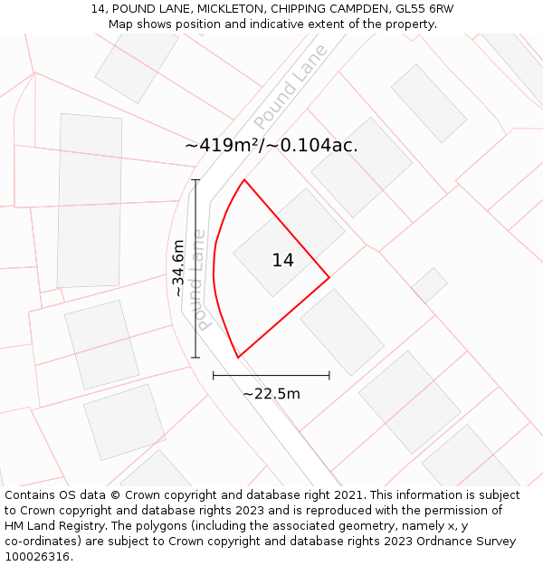 14, POUND LANE, MICKLETON, CHIPPING CAMPDEN, GL55 6RW: Plot and title map