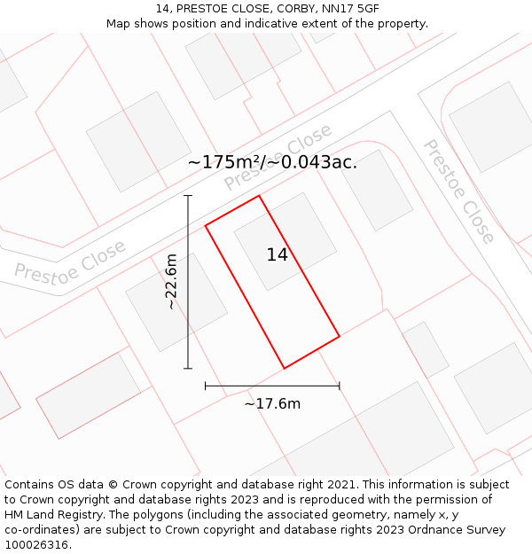 14, PRESTOE CLOSE, CORBY, NN17 5GF: Plot and title map