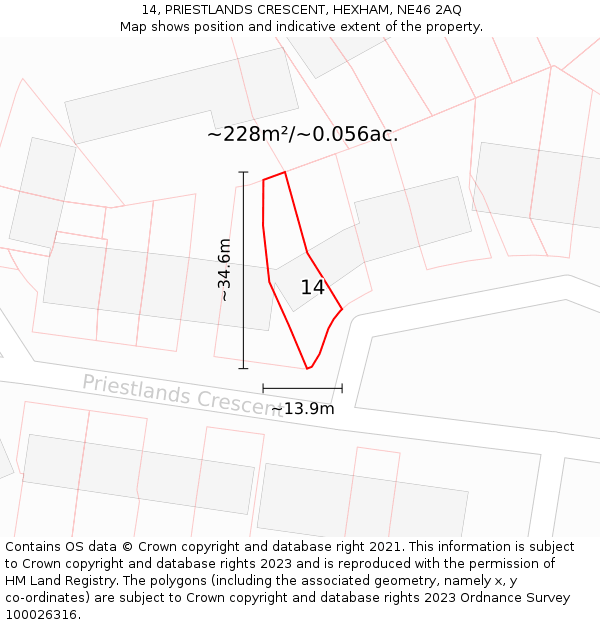 14, PRIESTLANDS CRESCENT, HEXHAM, NE46 2AQ: Plot and title map