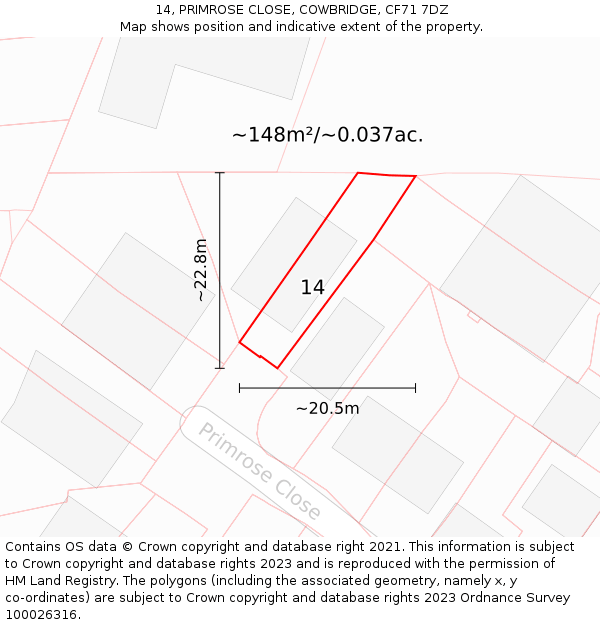 14, PRIMROSE CLOSE, COWBRIDGE, CF71 7DZ: Plot and title map