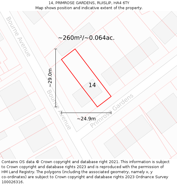 14, PRIMROSE GARDENS, RUISLIP, HA4 6TY: Plot and title map