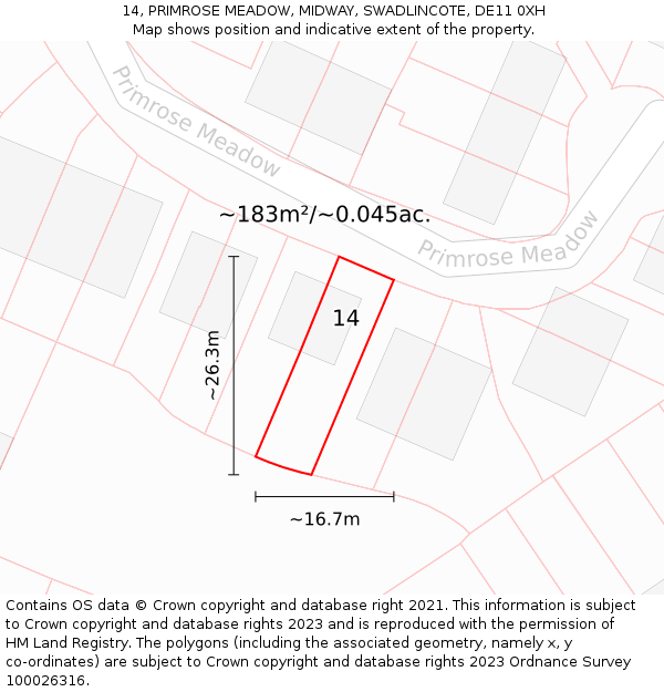 14, PRIMROSE MEADOW, MIDWAY, SWADLINCOTE, DE11 0XH: Plot and title map