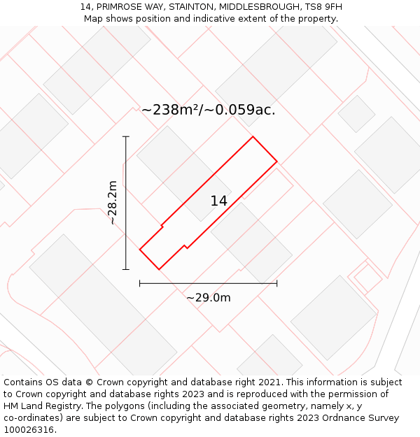 14, PRIMROSE WAY, STAINTON, MIDDLESBROUGH, TS8 9FH: Plot and title map