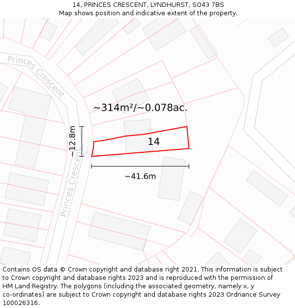 14, PRINCES CRESCENT, LYNDHURST, SO43 7BS: Plot and title map