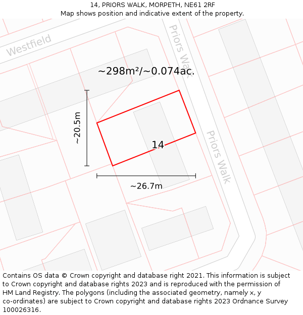 14, PRIORS WALK, MORPETH, NE61 2RF: Plot and title map
