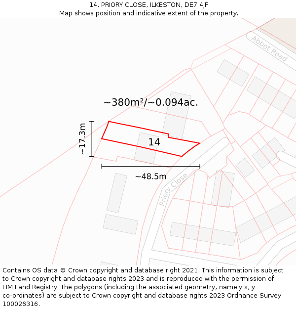 14, PRIORY CLOSE, ILKESTON, DE7 4JF: Plot and title map