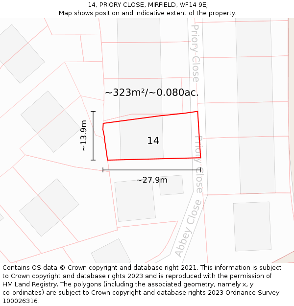 14, PRIORY CLOSE, MIRFIELD, WF14 9EJ: Plot and title map