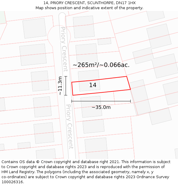 14, PRIORY CRESCENT, SCUNTHORPE, DN17 1HX: Plot and title map