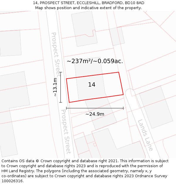 14, PROSPECT STREET, ECCLESHILL, BRADFORD, BD10 8AD: Plot and title map
