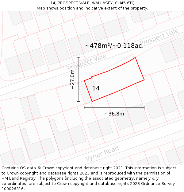 14, PROSPECT VALE, WALLASEY, CH45 6TQ: Plot and title map