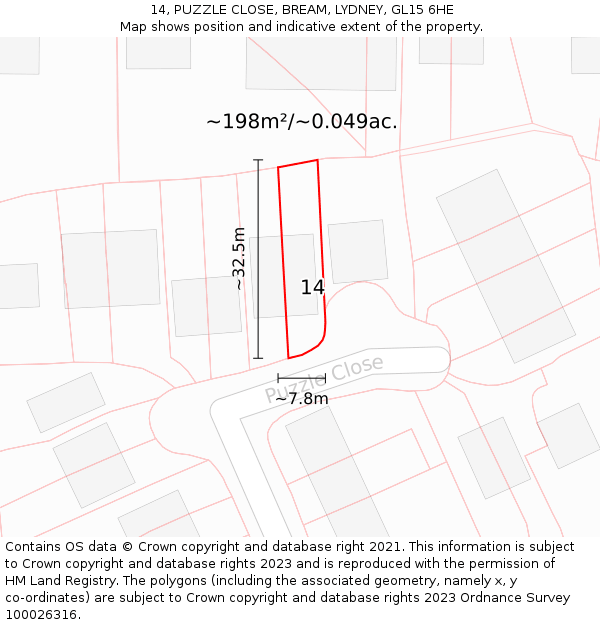 14, PUZZLE CLOSE, BREAM, LYDNEY, GL15 6HE: Plot and title map