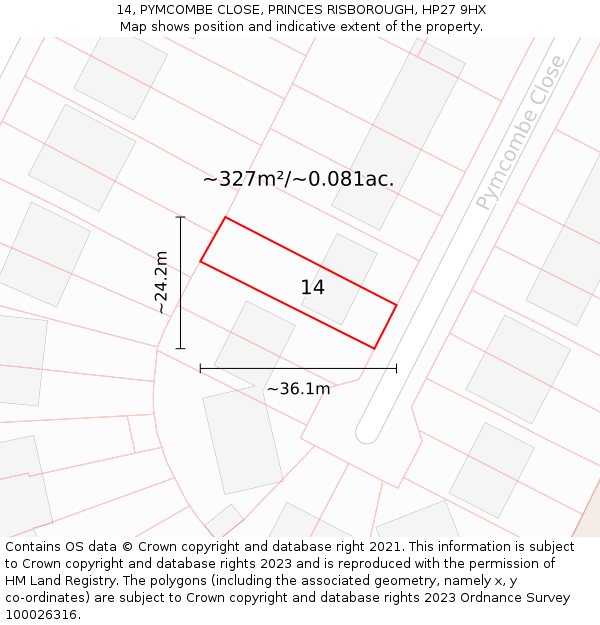 14, PYMCOMBE CLOSE, PRINCES RISBOROUGH, HP27 9HX: Plot and title map