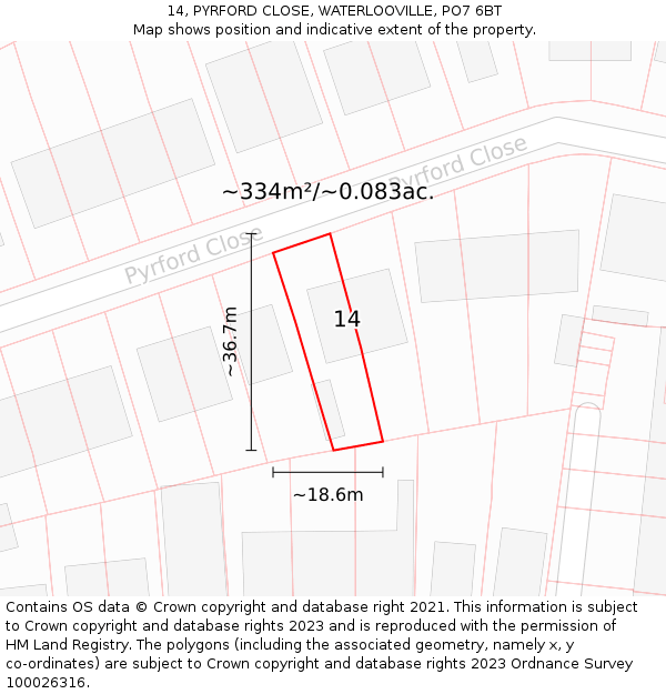 14, PYRFORD CLOSE, WATERLOOVILLE, PO7 6BT: Plot and title map