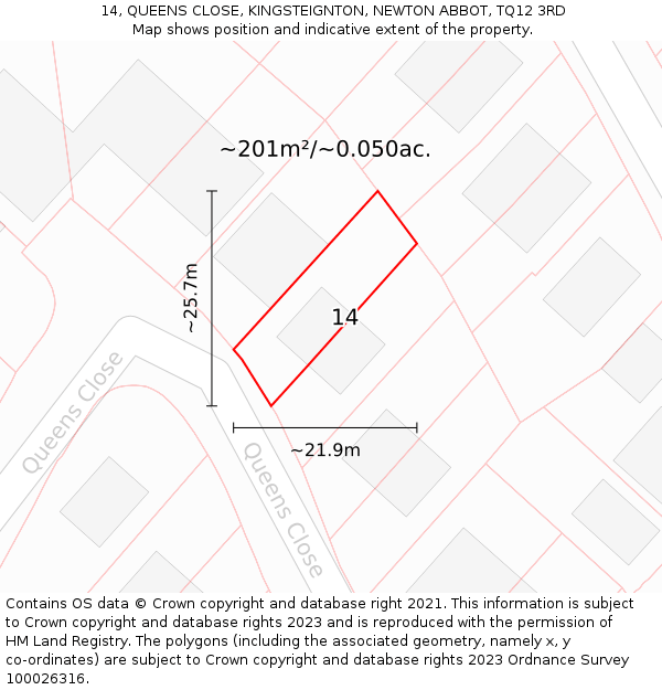 14, QUEENS CLOSE, KINGSTEIGNTON, NEWTON ABBOT, TQ12 3RD: Plot and title map