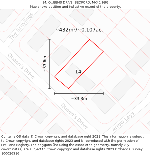 14, QUEENS DRIVE, BEDFORD, MK41 9BG: Plot and title map