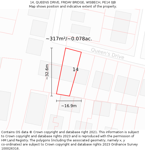 14, QUEENS DRIVE, FRIDAY BRIDGE, WISBECH, PE14 0JB: Plot and title map